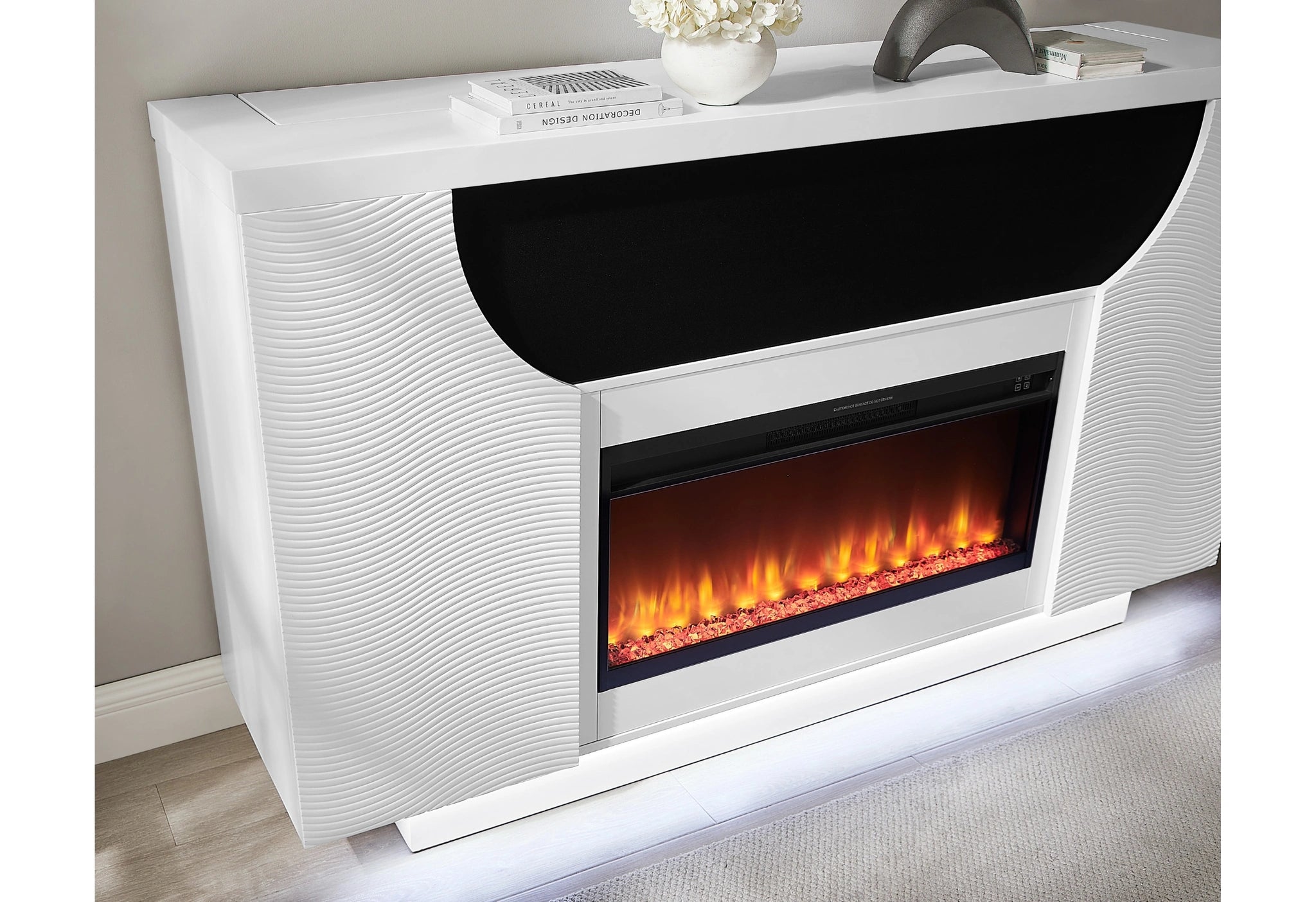 Aveena White 76" Ent Unit with TV, LED, Speakers, Crystal and Pop-Up