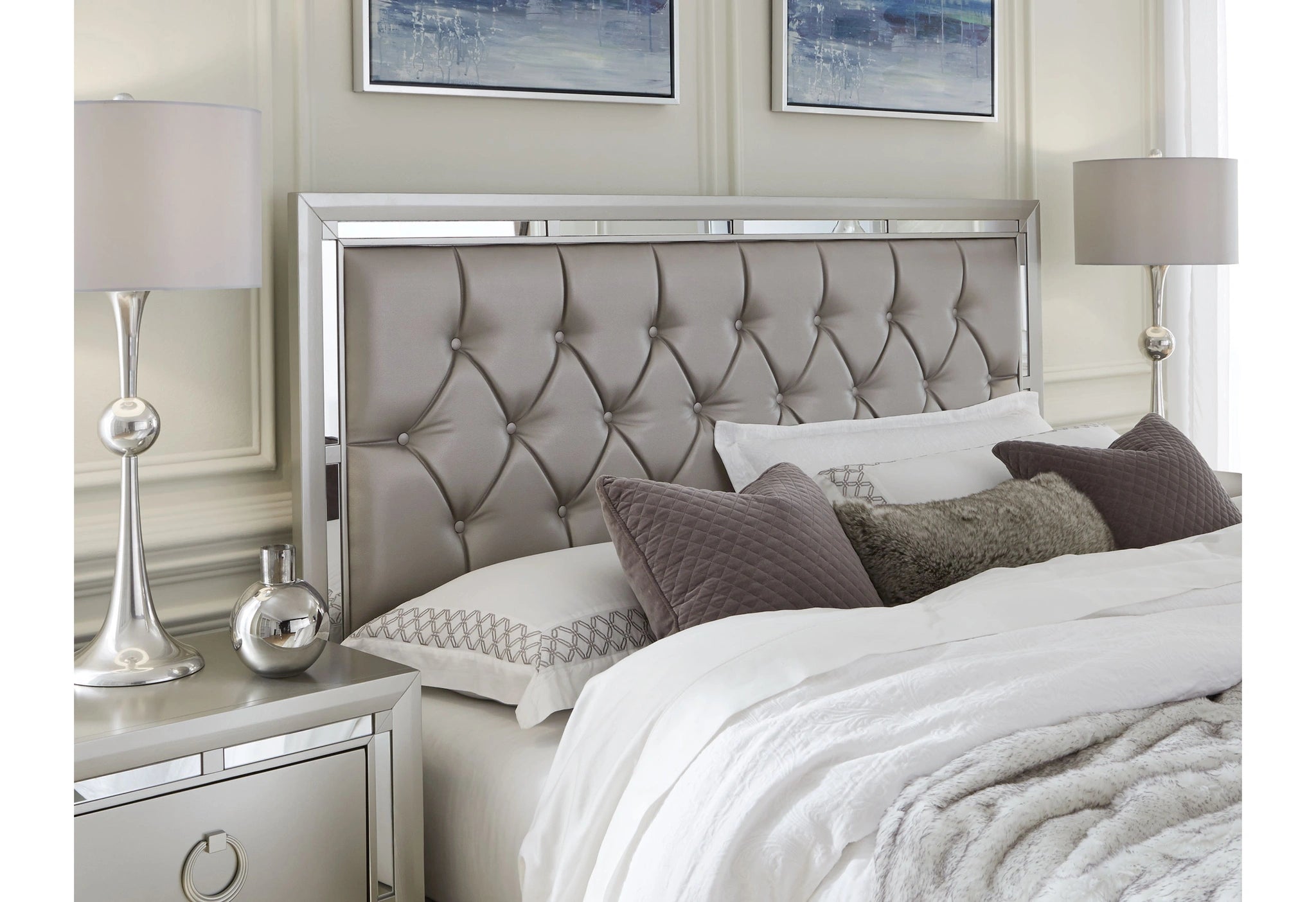 Riley Silver King Bed, Dresser, Mirror, 2 Nightstands and Chest