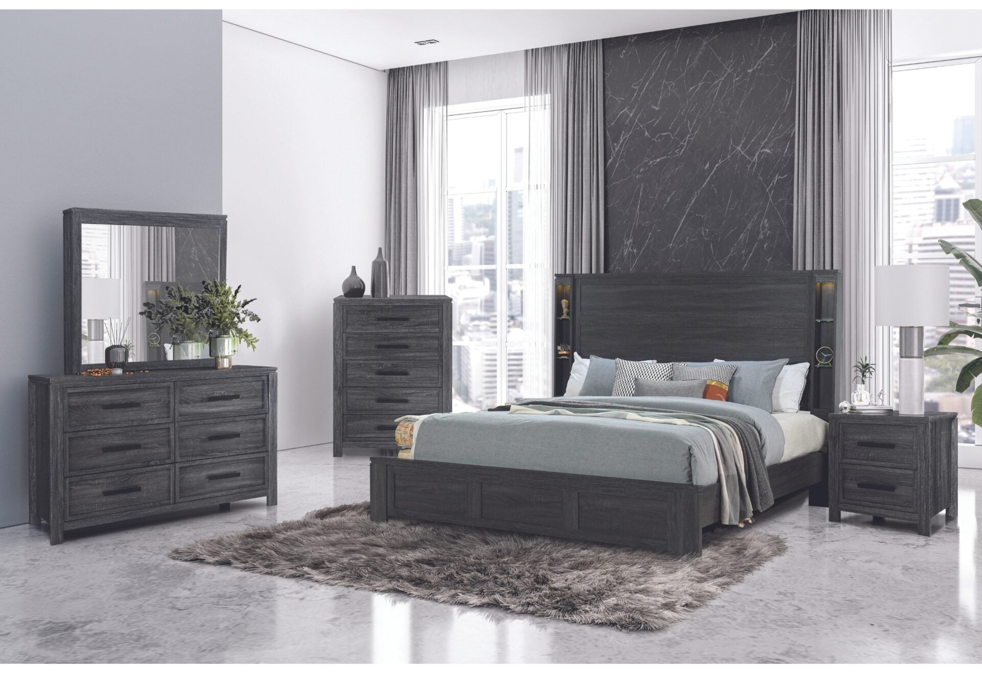 Cypress Dark Grey Bed-Dresser-Mirror And Nightstand