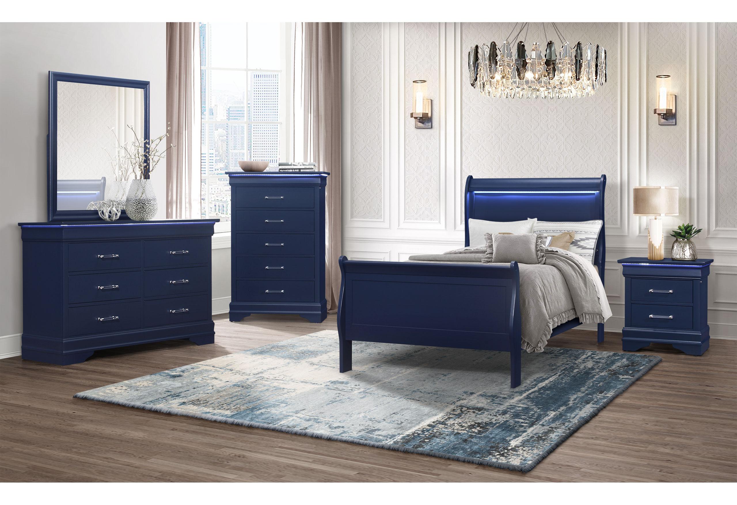 CHARLIE BLUE TWIN BED, DRESSER, MIRROR, & NIGHTSTAND