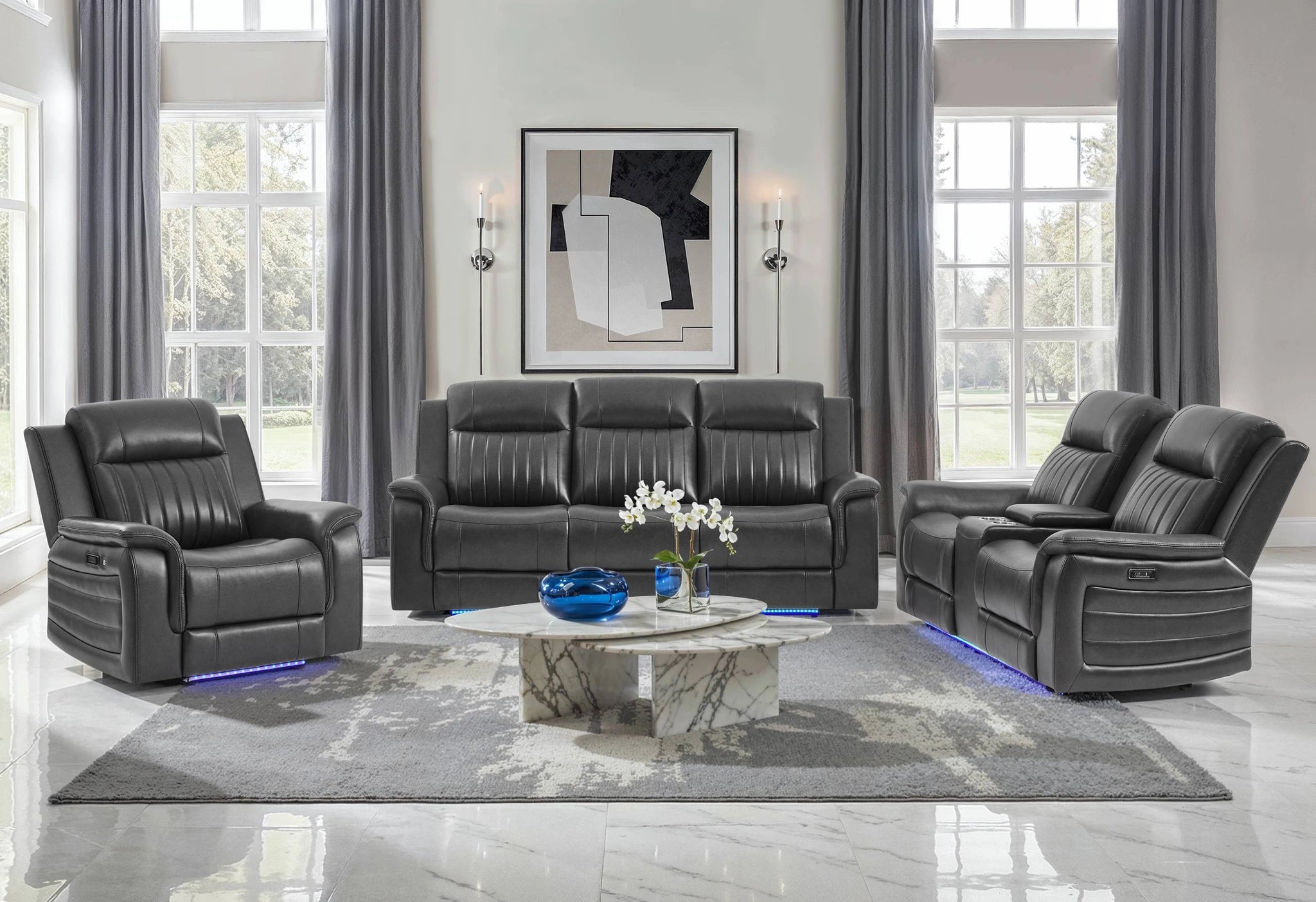 U8879 Blanche Charcoal with Black Welt Power Recliner with LED