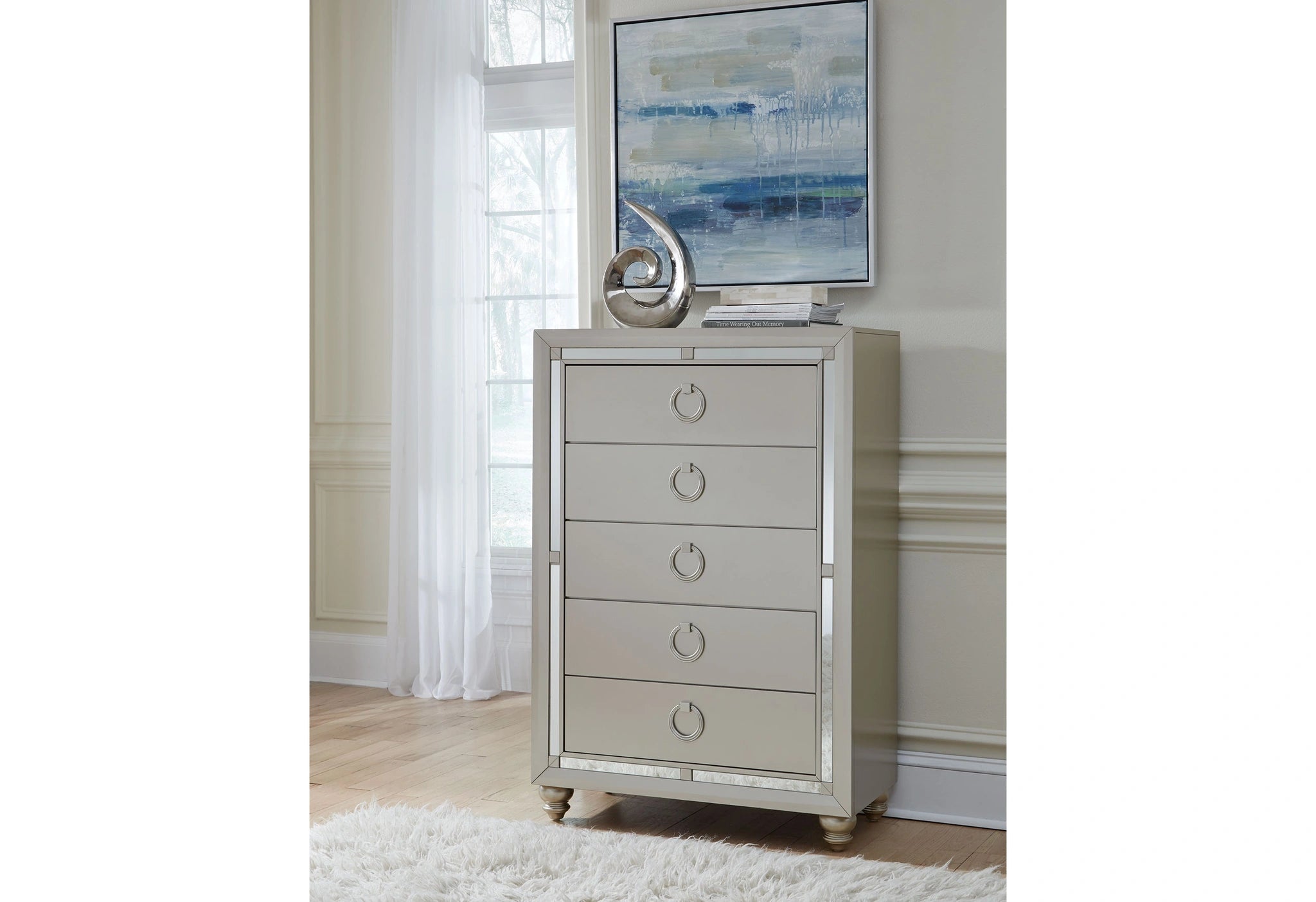 Riley Silver King Bed, 2 Dressers, Mirror and 2 Nightstands