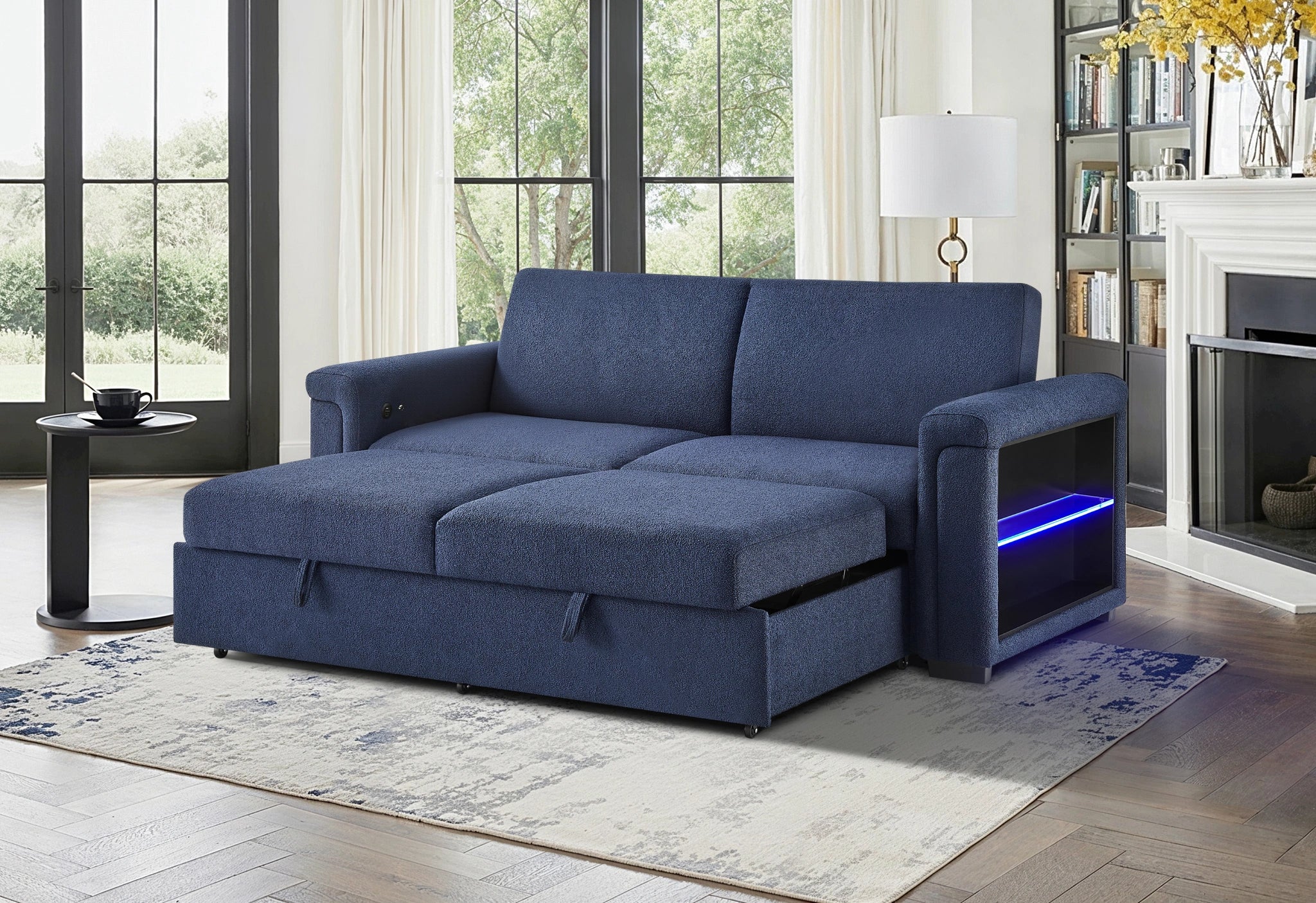 U0211 Navy Pull Out Sofa Bed with LED Acrylic Shelves and Speakers
