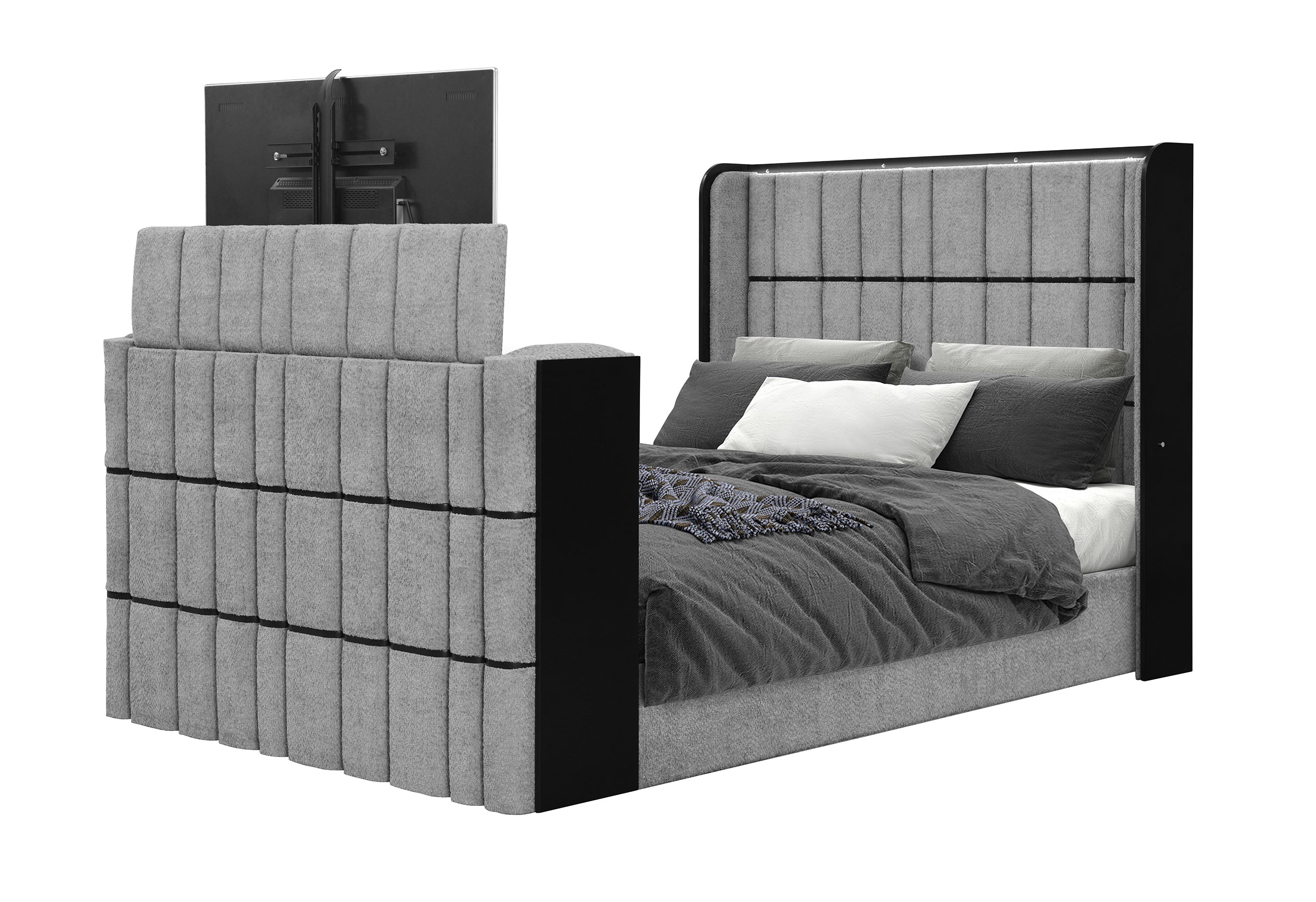 ISABELLA GREY QUEEN BED W/LED, TV LIFT, SPEAKER AND FIREPLACE