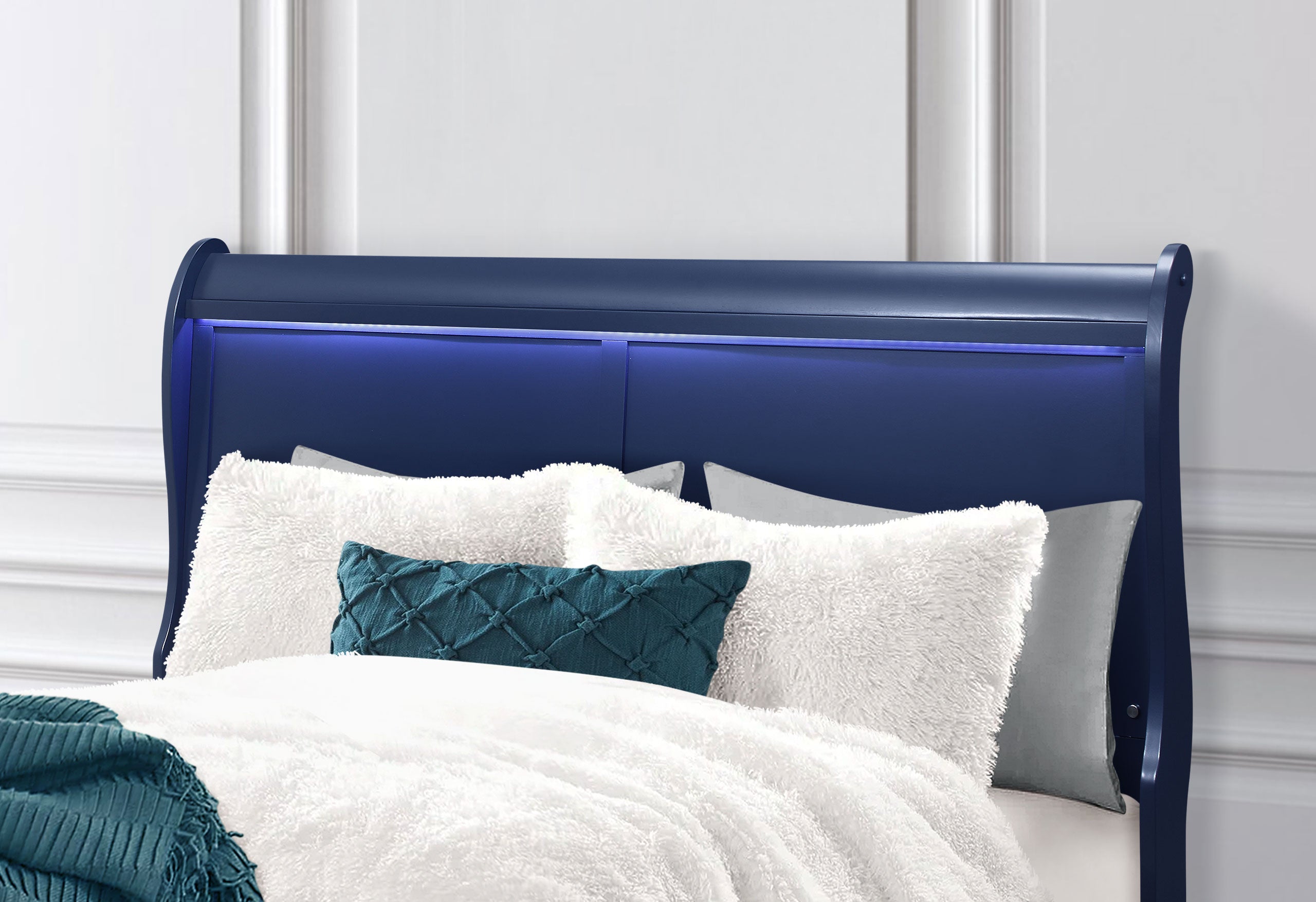 CHARLIE BLUE QUEEN BED WITH LED, DRESSER, MIRROR, NIGHTSTAND