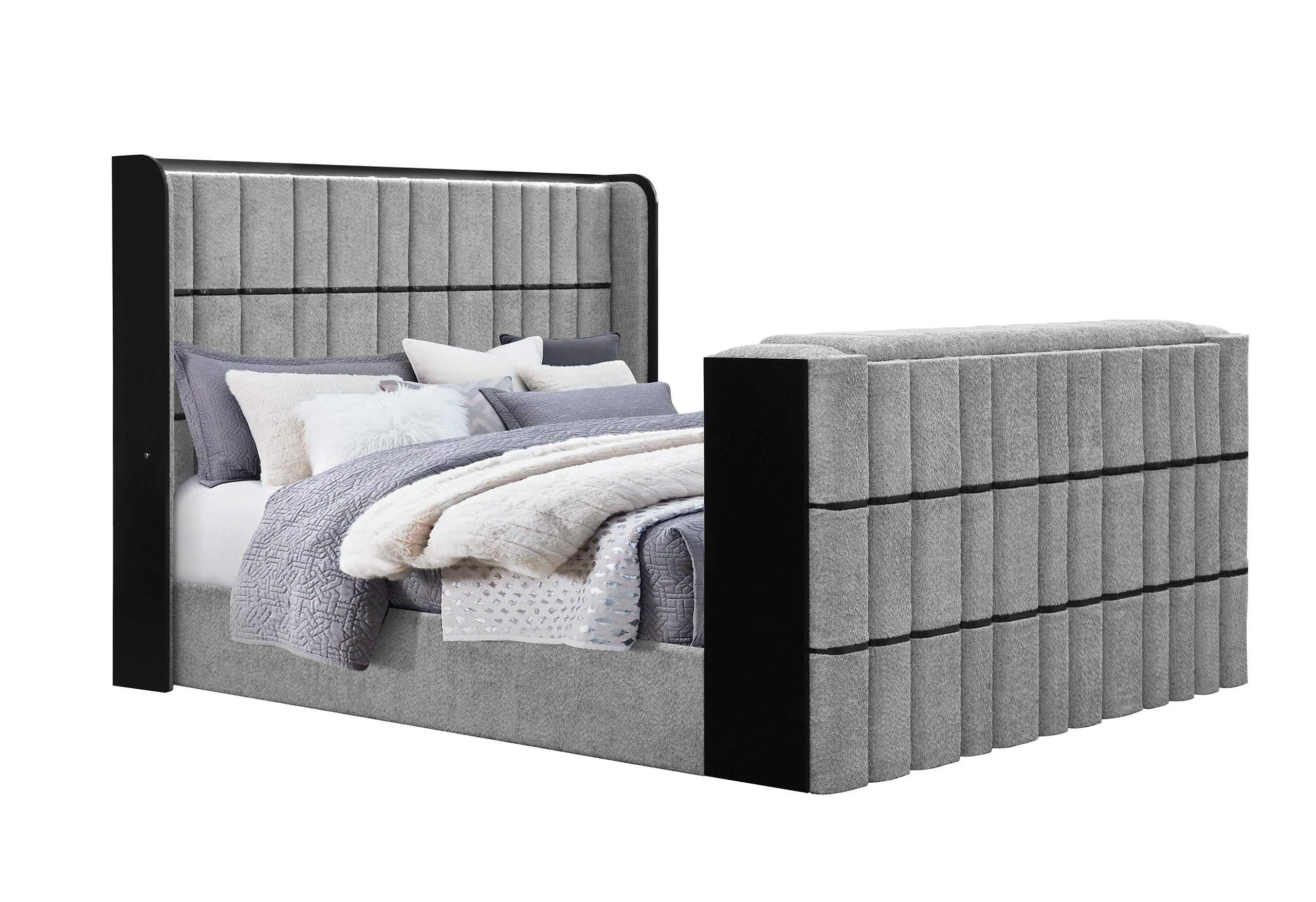 ISABELLA GREY KING BED W/LED, TV LIFT, SPEAKER AND FIREPLACE