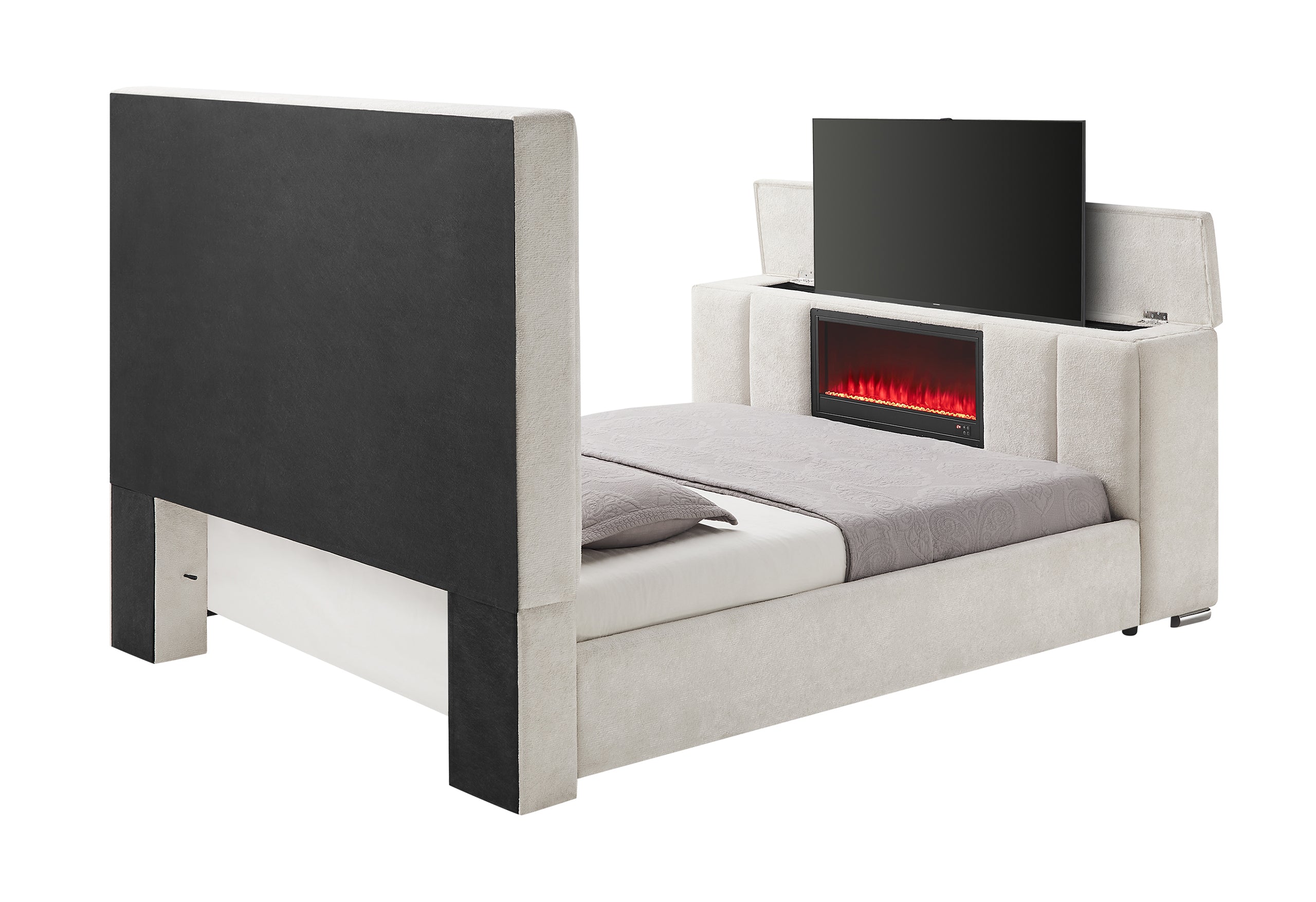 SERENITY CREMA KING BED WITH SPEAKER, TV LIFT AND FIREPLACE