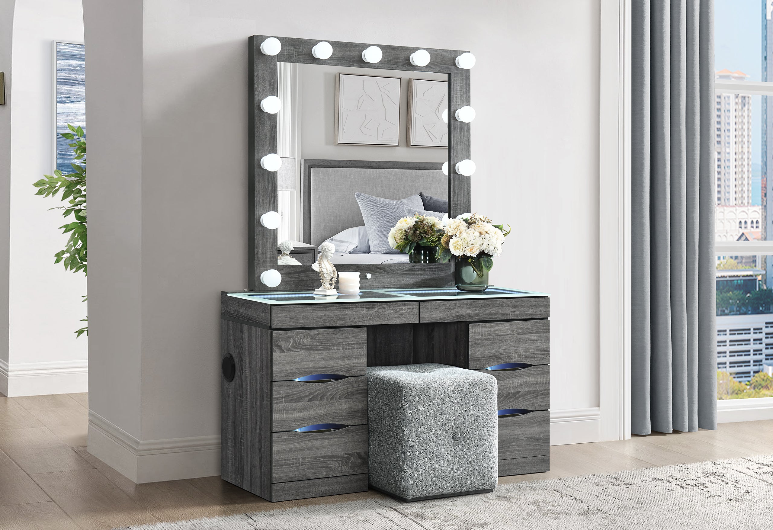 dressing table set grey LEXI GREY VANITY SET WITH STOOL