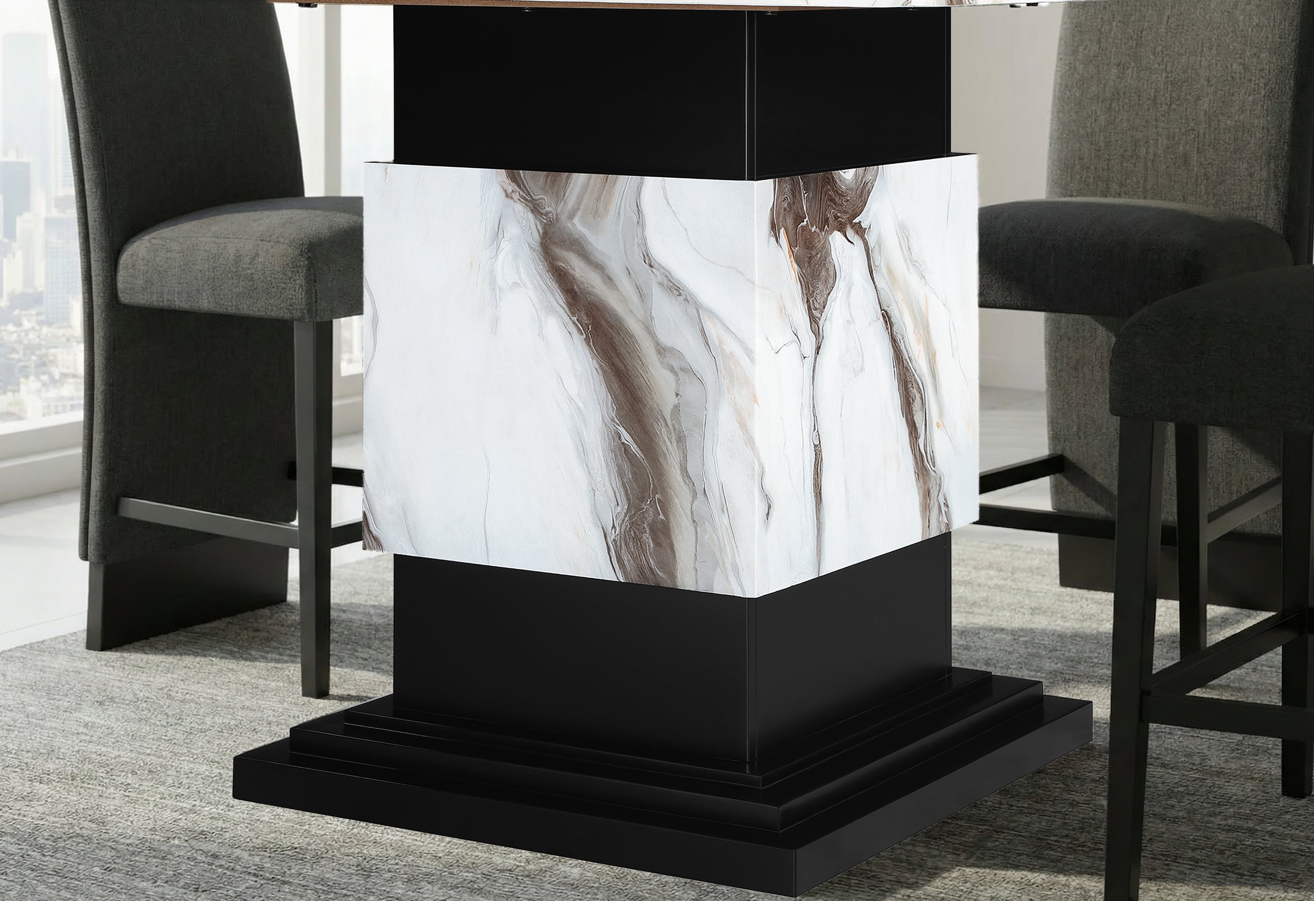 D12 BAR TABLE AND 4 D12 BROWN BAR STOOLS