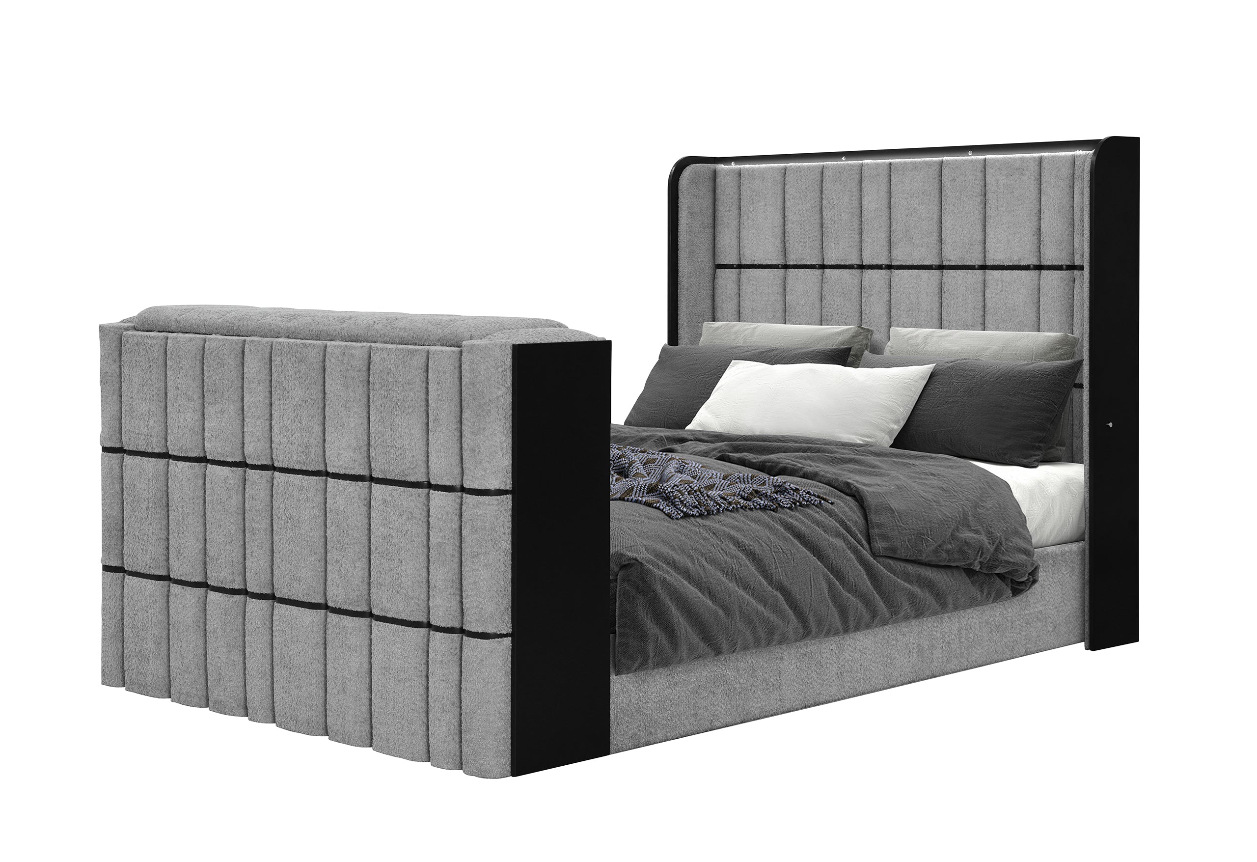 ISABELLA GREY QUEEN BED W/LED, TV LIFT, SPEAKER AND FIREPLACE