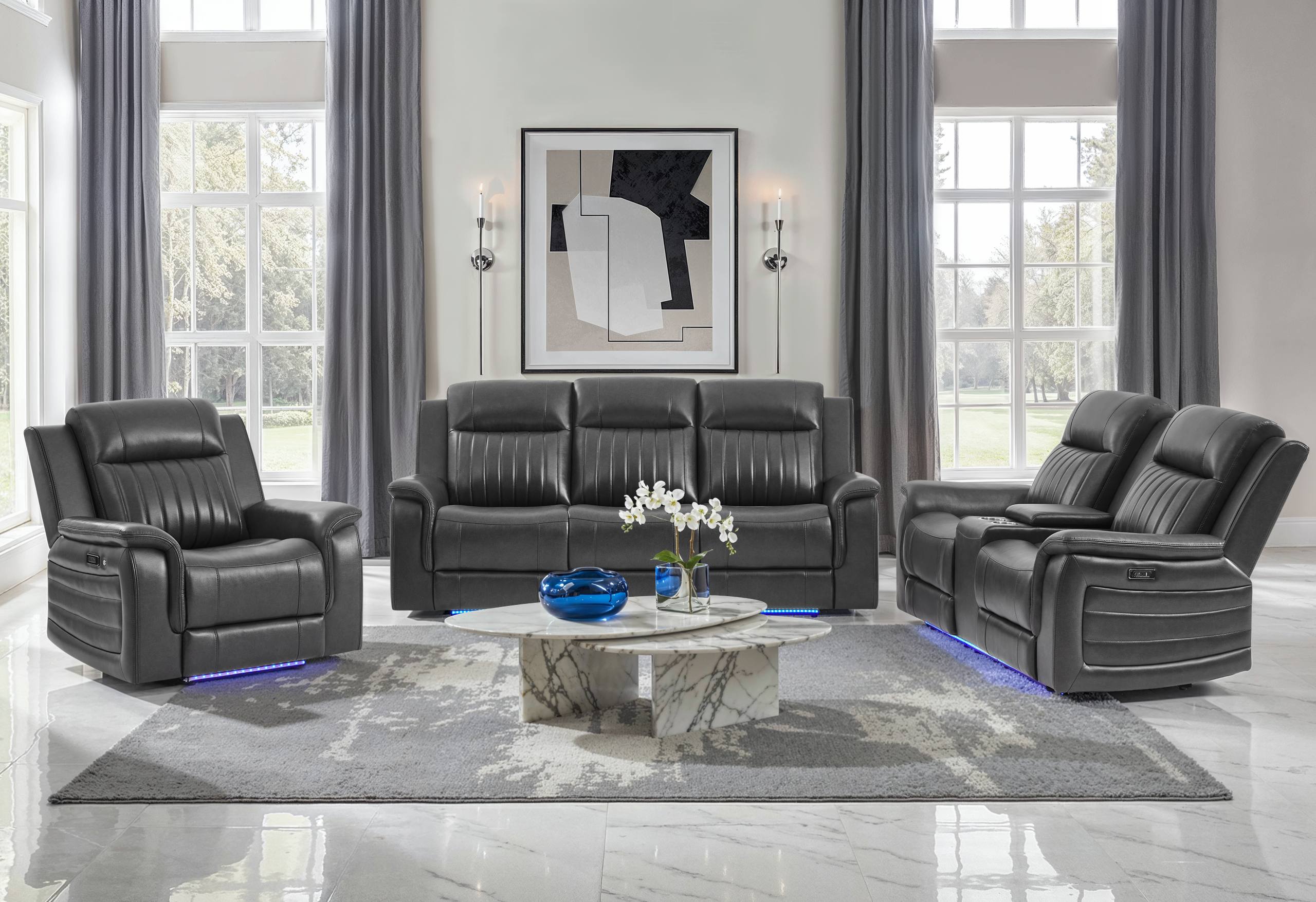 U8879 BLANCHE CHARCOAL WITH BLACK WELT POWER RECLINER WITH LED