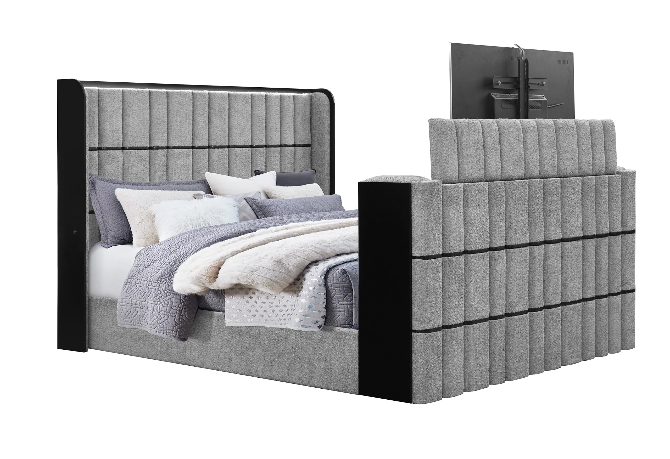 ISABELLA GREY KING BED W/LED, TV LIFT, SPEAKER AND FIREPLACE