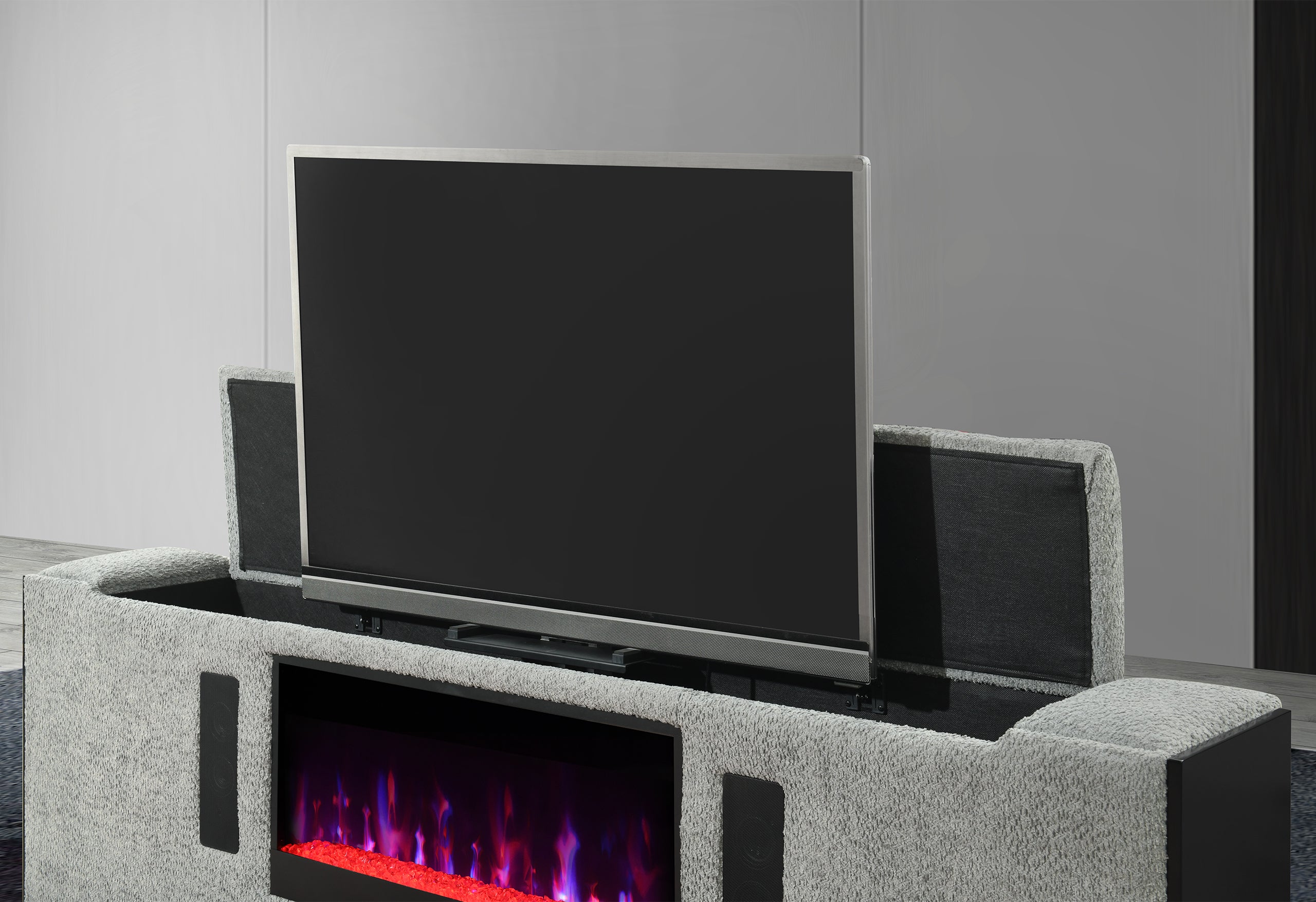 ISABELLA GREY KING BED W/LED, TV LIFT, SPEAKER AND FIREPLACE