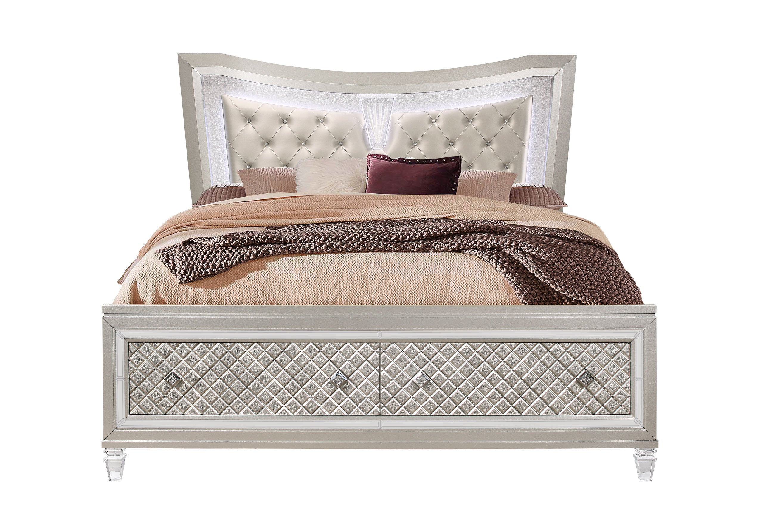 PARIS CHAMPAGNE QUEEN BED WITH LED, DRESSER, MIRROR, NIGHTSTAND