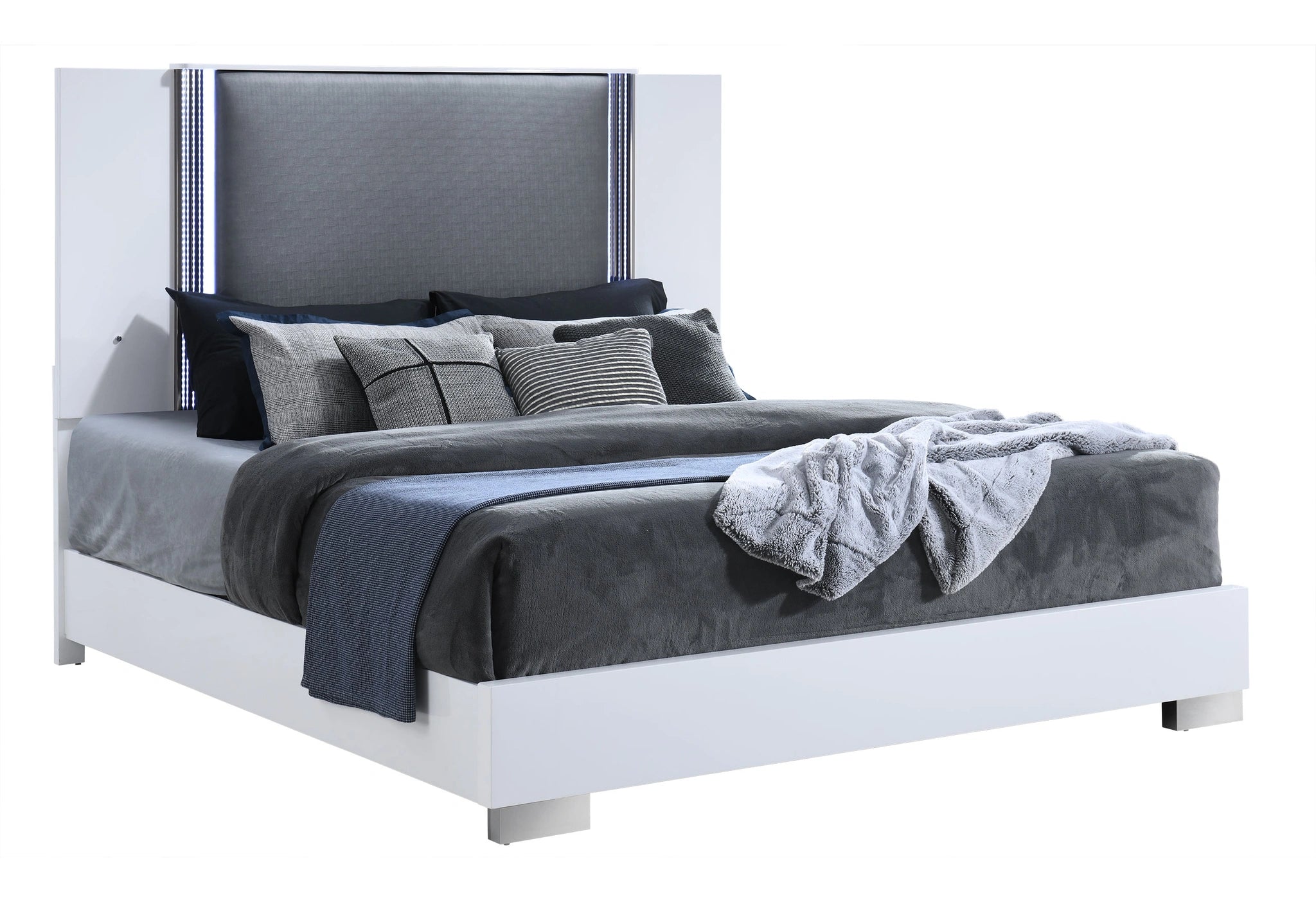 Ylime Smooth White Bed with LED Fully Slatted