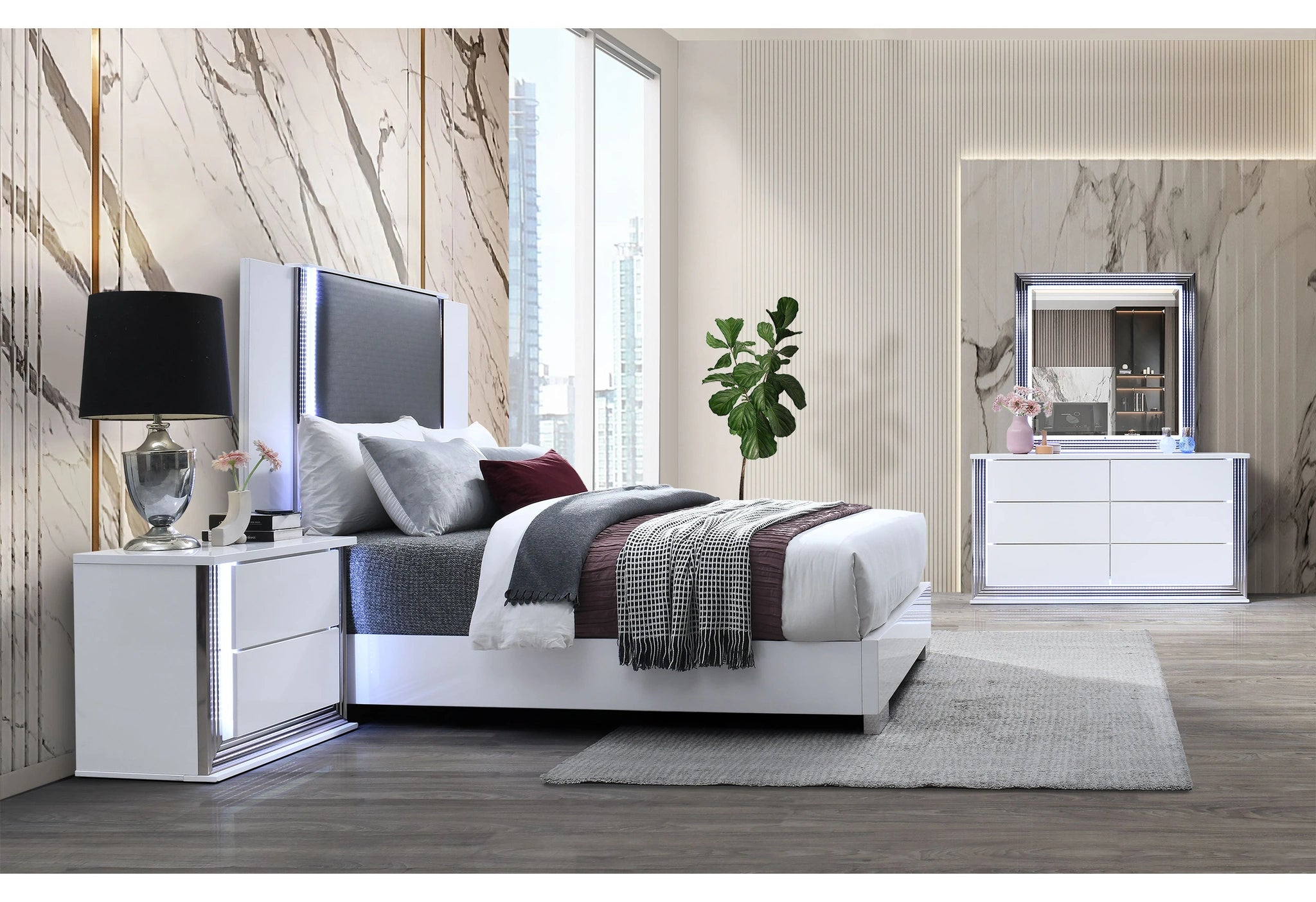 Ylime Smooth White Bed with LED Fully Slatted