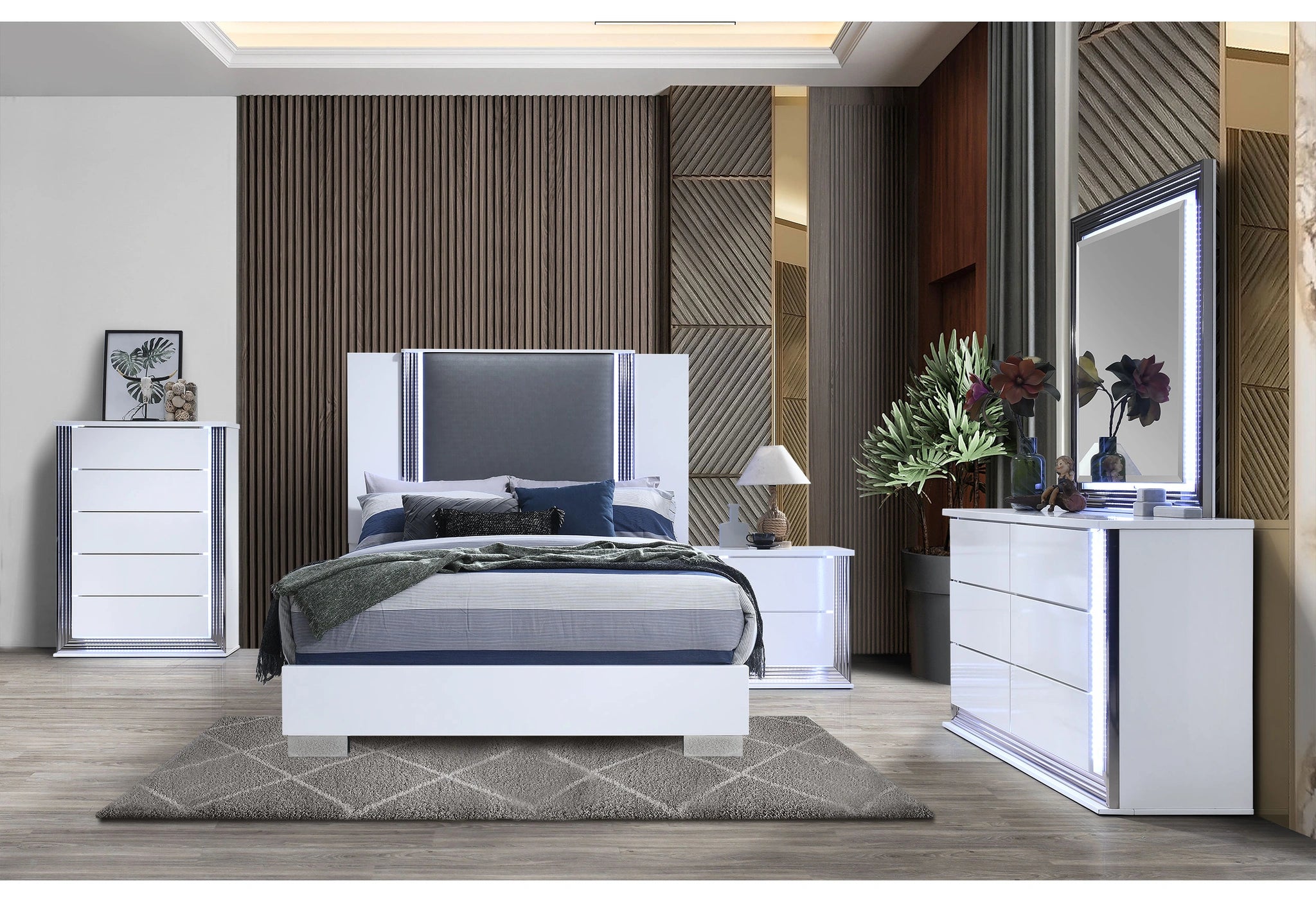 Ylime Smooth White Bed with LED Fully Slatted