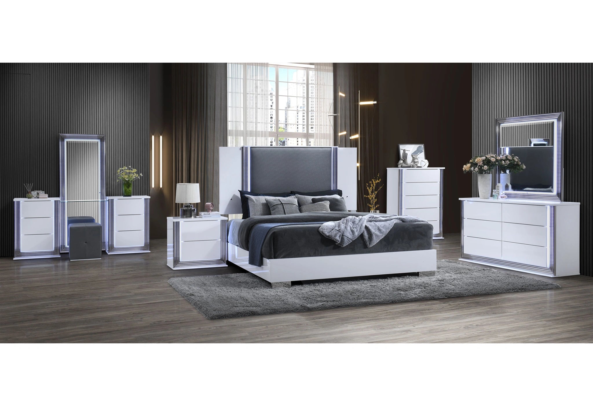 Ylime Smooth White Bed with LED Fully Slatted