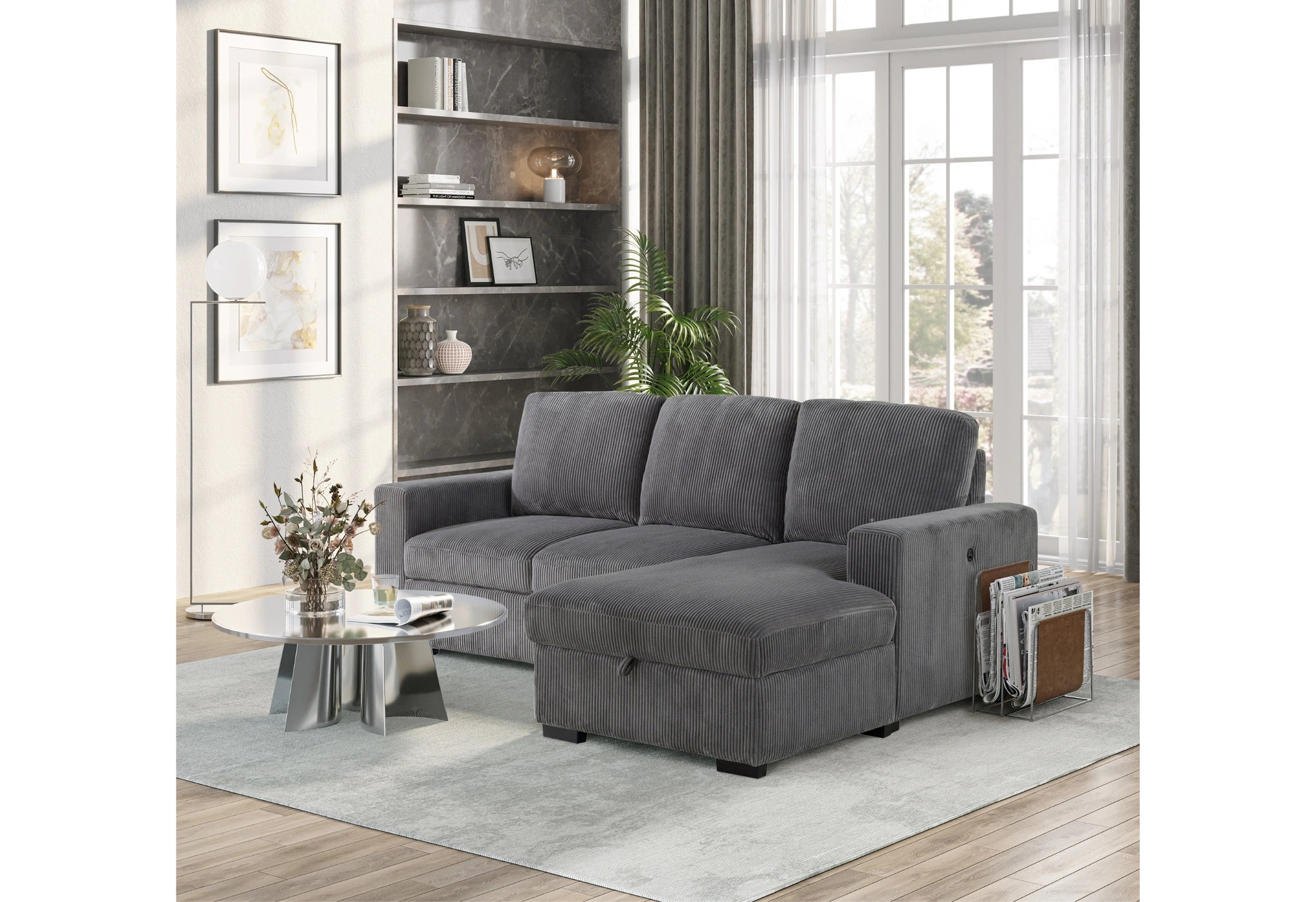 U2660 Grey L Sofa Bed Sectional Without Pullout