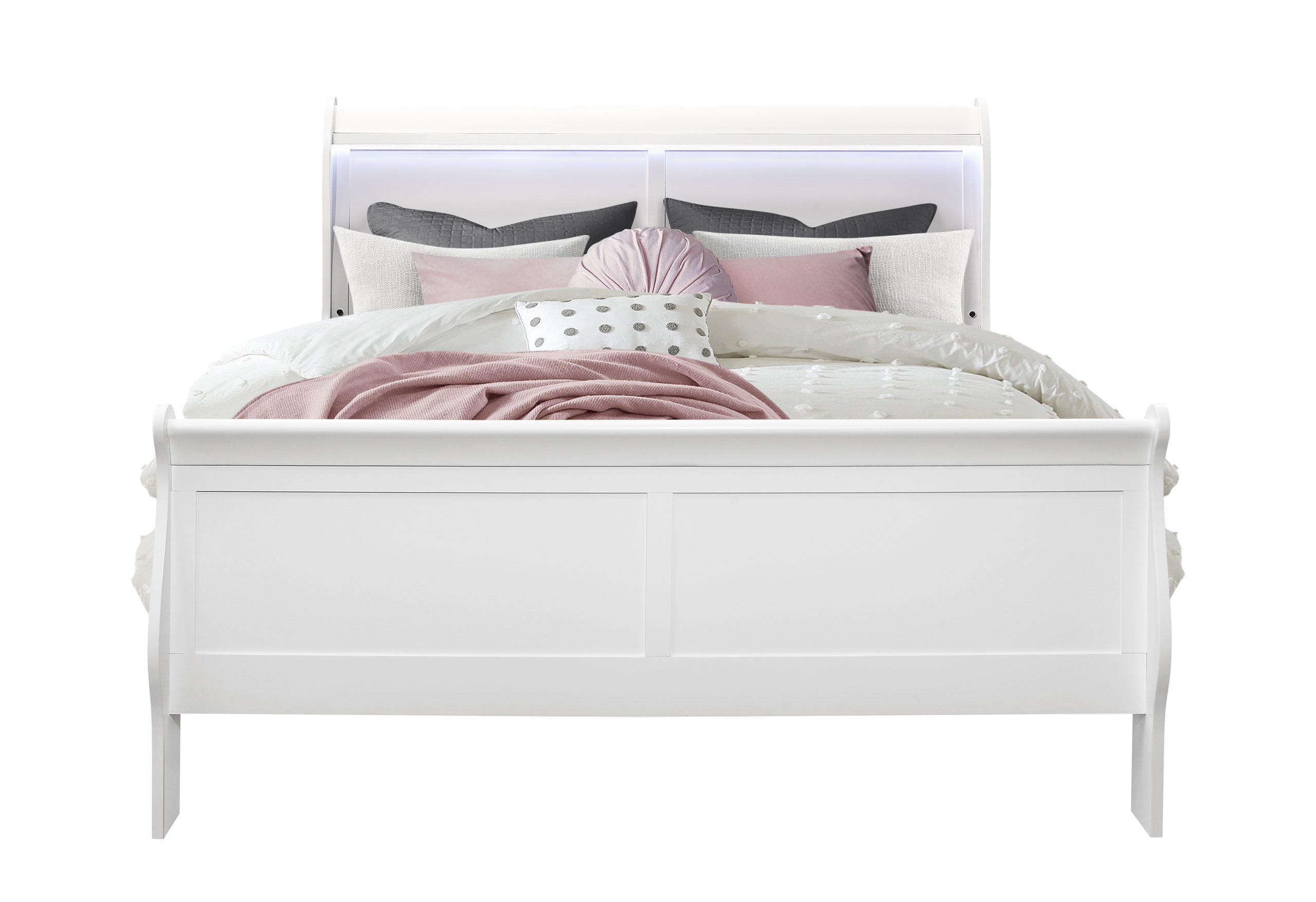 CHARLIE WHITE QUEEN BED WITH LED, DRESSER, MIRROR AND NIGTHSTAND
