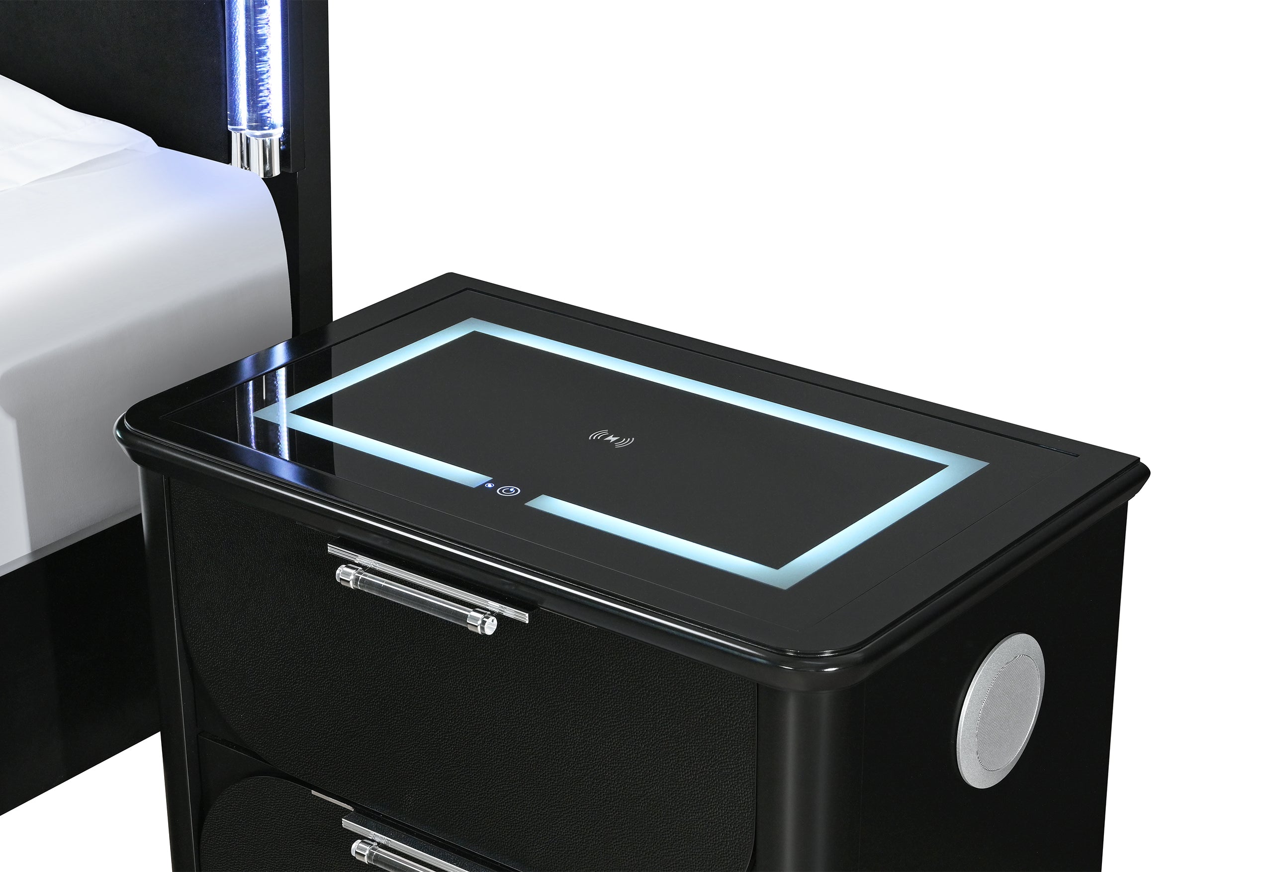 LANDO BLACK NIGHTSTAND WITH SPEAKER AND WIRELESS CHARGING PLATFORM