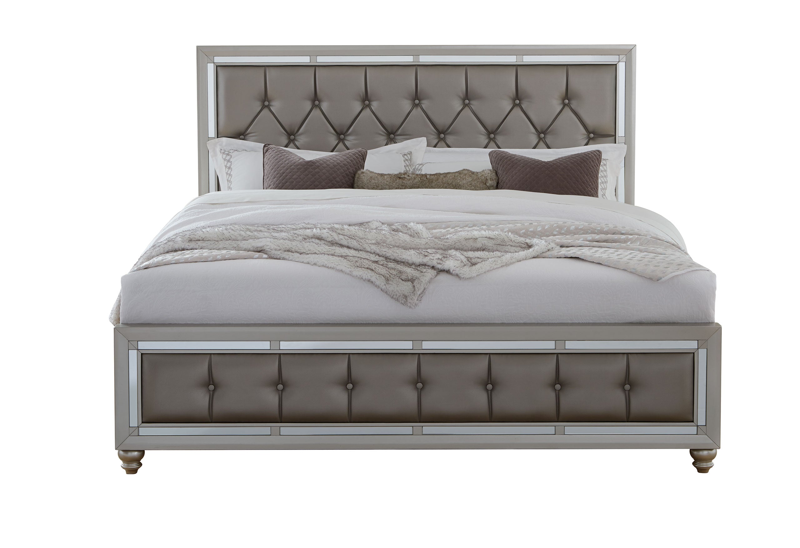 RILEY SILVER QUEEN BED, DRESSER, MIRROR AND 2 NIGHTSTANDS