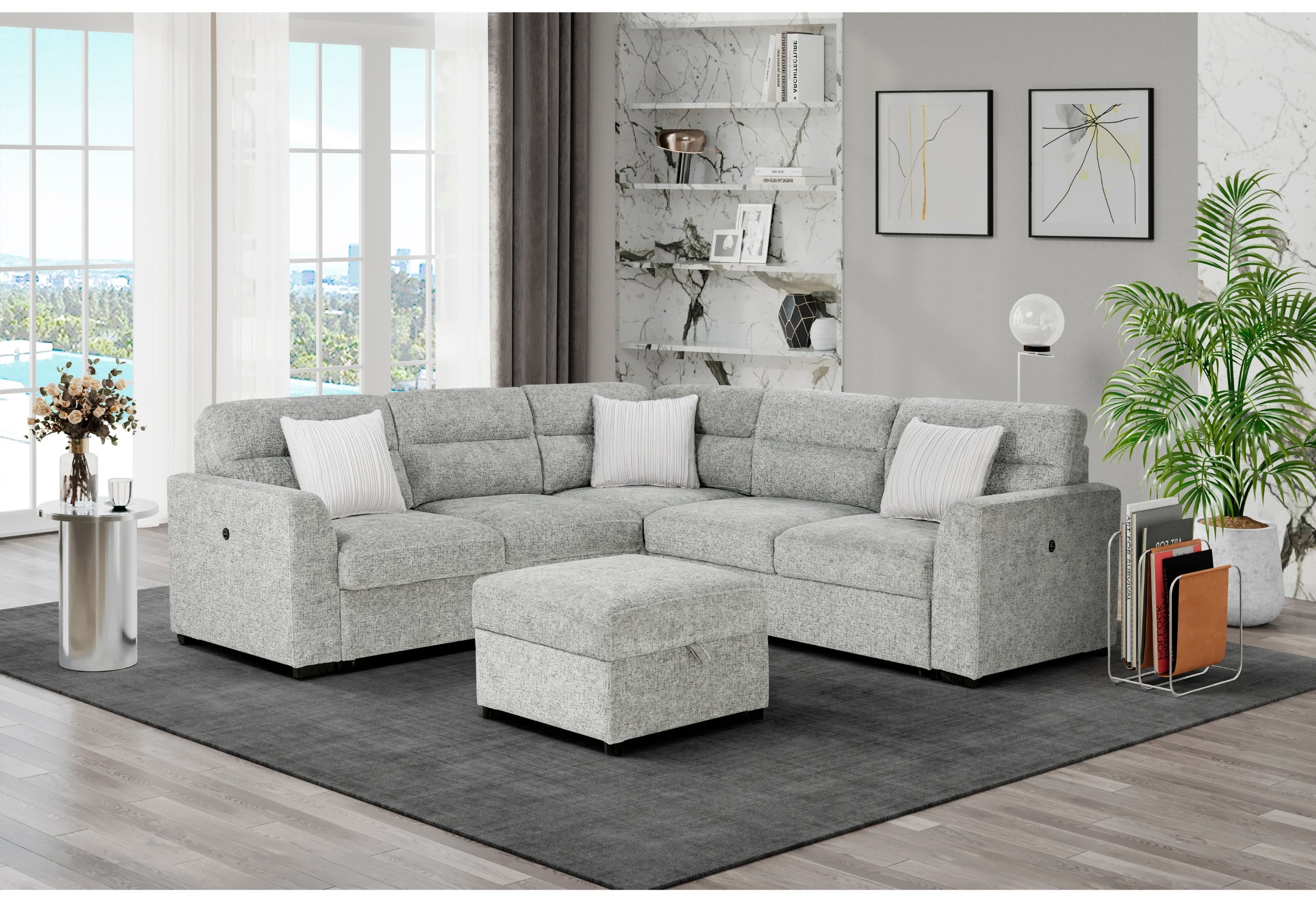 U9401 NICKEL SOFA BED SECTIONAL WITH 3 PILLOWS AND OTTOMAN