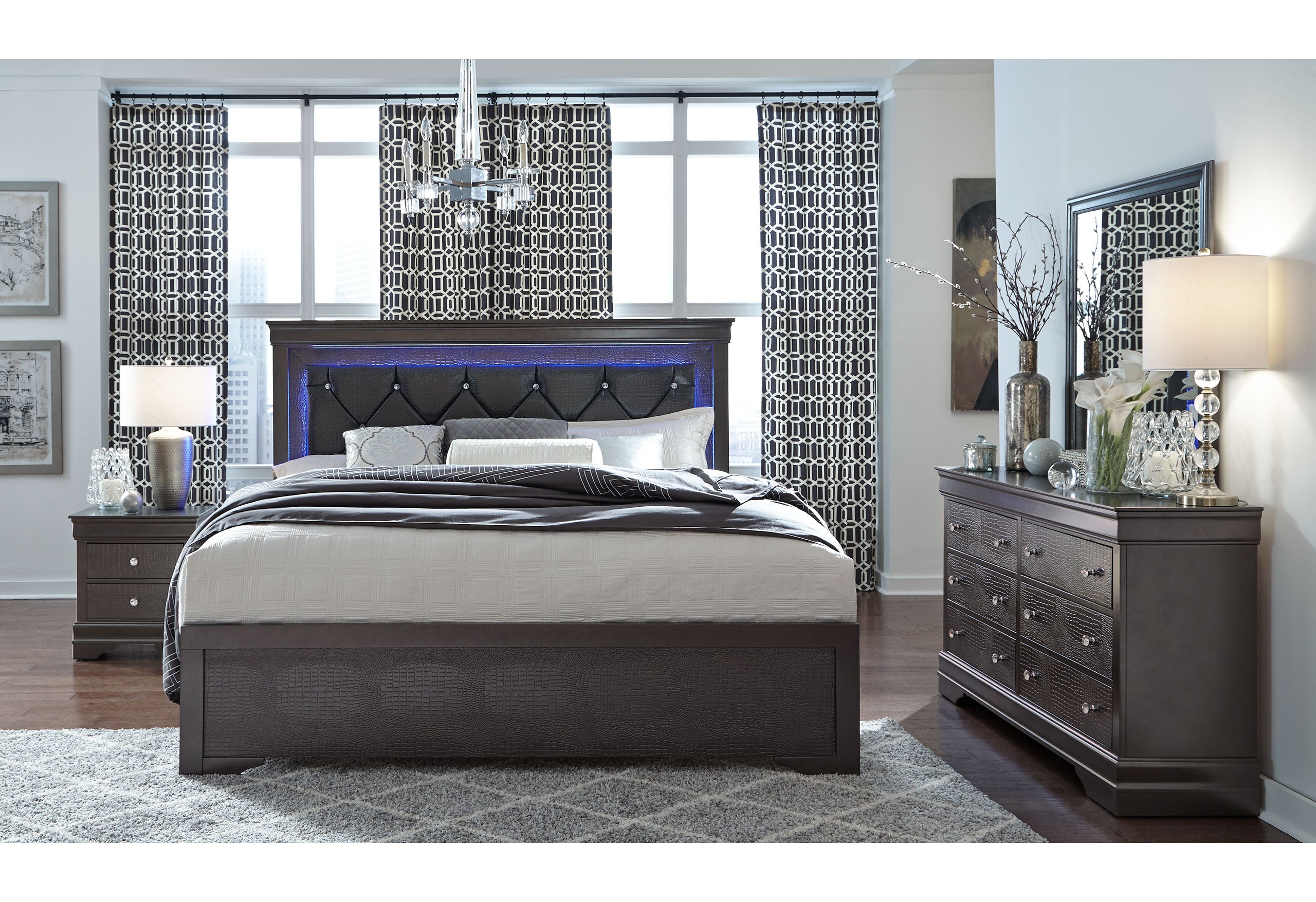 POMPEI METALLIC GREY QUEEN BED, DRESSER, MIRROR AND 2 NIGHTSTANDS