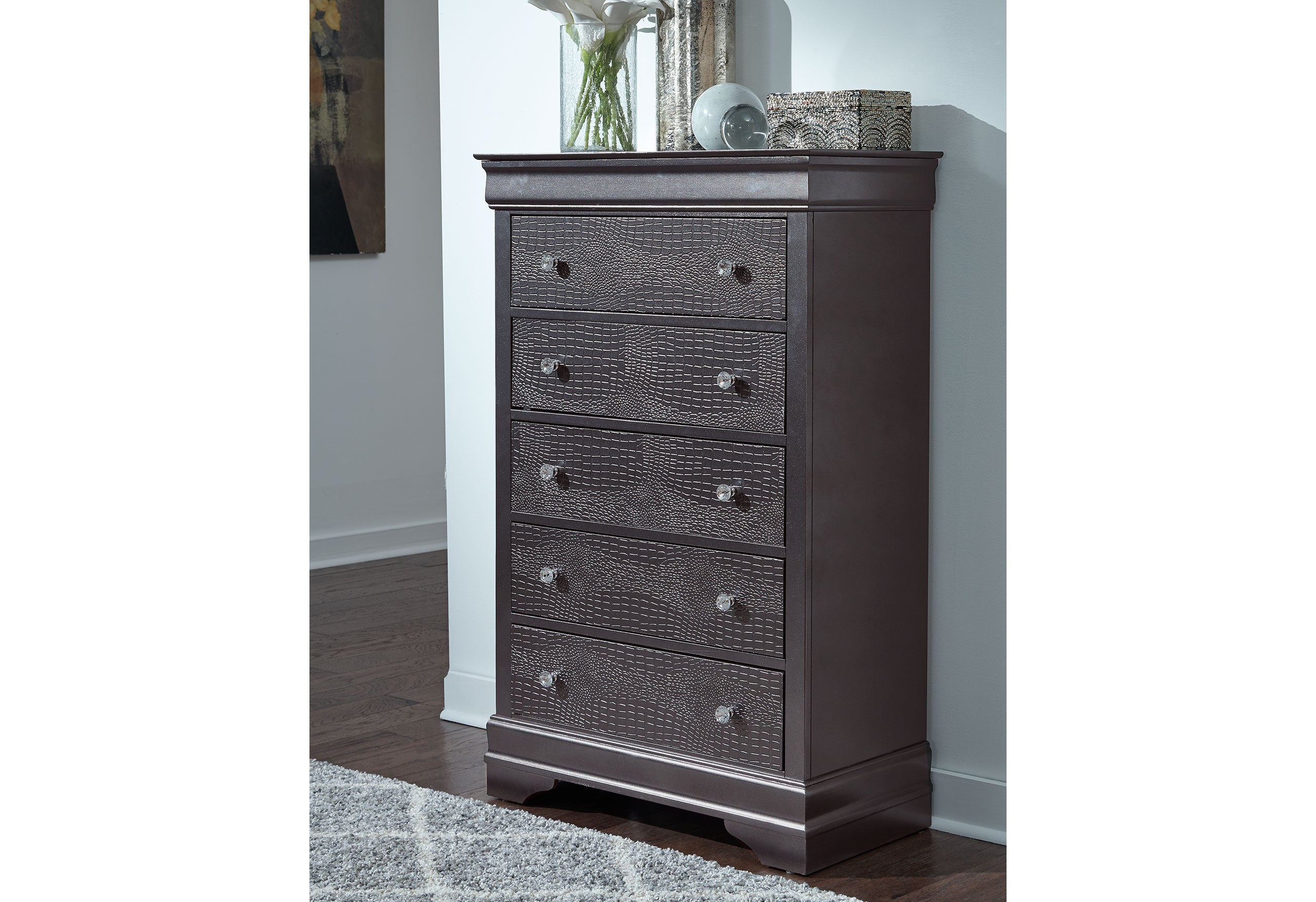 POMPEI METALLIC GREY KING BED WITH LED, DRESSER, MIRROR AND NIGHTSTAND