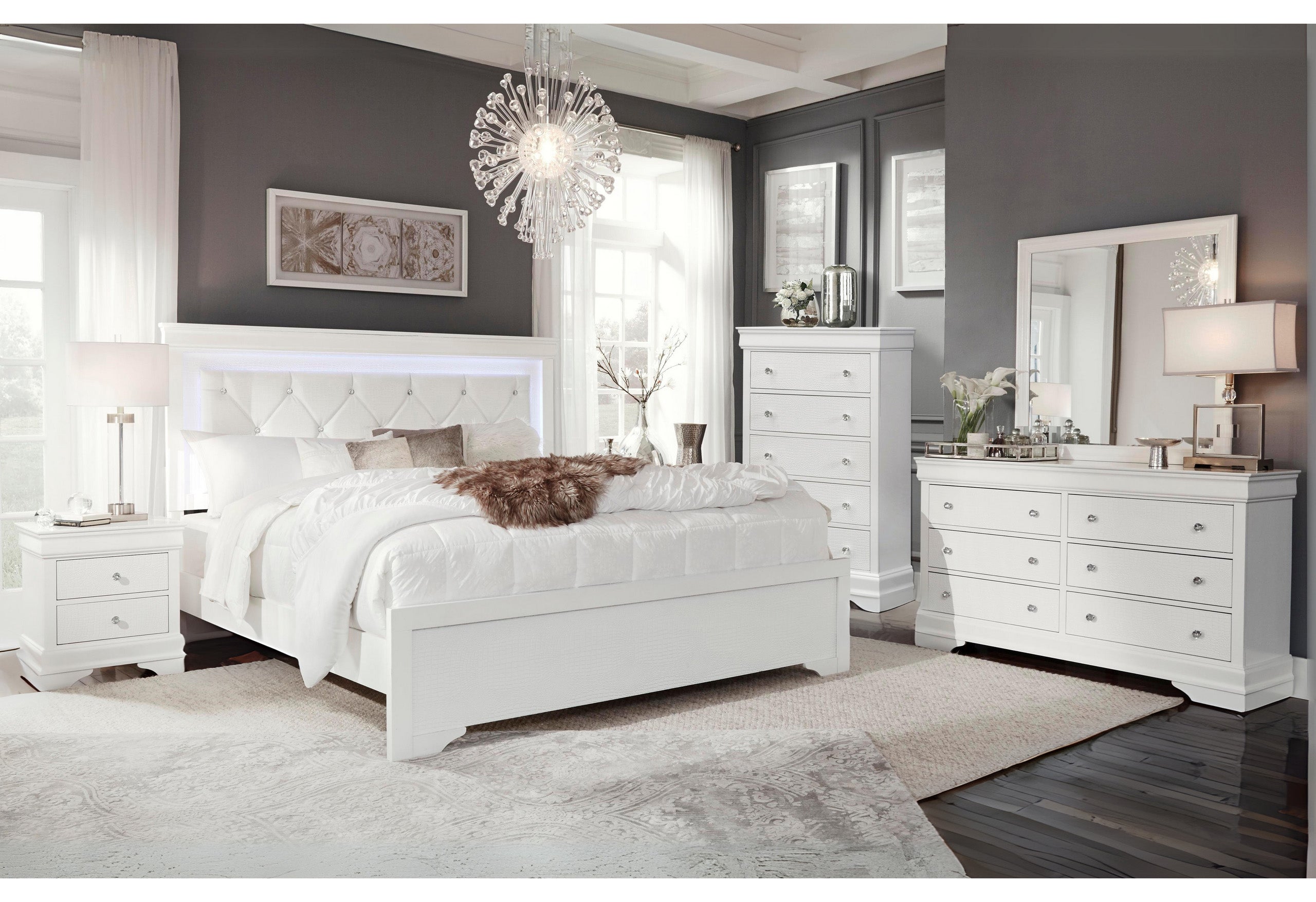 POMPEI METALLIC WHITE FULL BED GROUP WITH LED